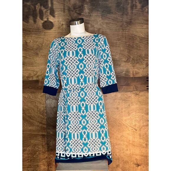 Liz Clairborne Green/White/Navy Geometric Dress with short sleeves Size Medium - Picture 1 of 5